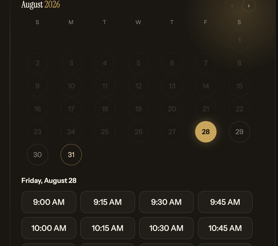 A Jhome Calendar booking page: a calendar for August 2026 with Friday the 28th selected, and that day's open time slots listed from 9:00 AM onward.