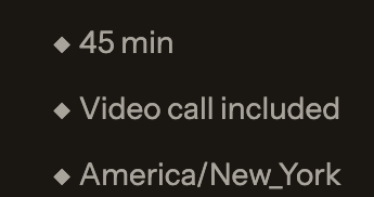 Detail of a booking page listing 45 min, Video call included, and the America slash New York time zone.